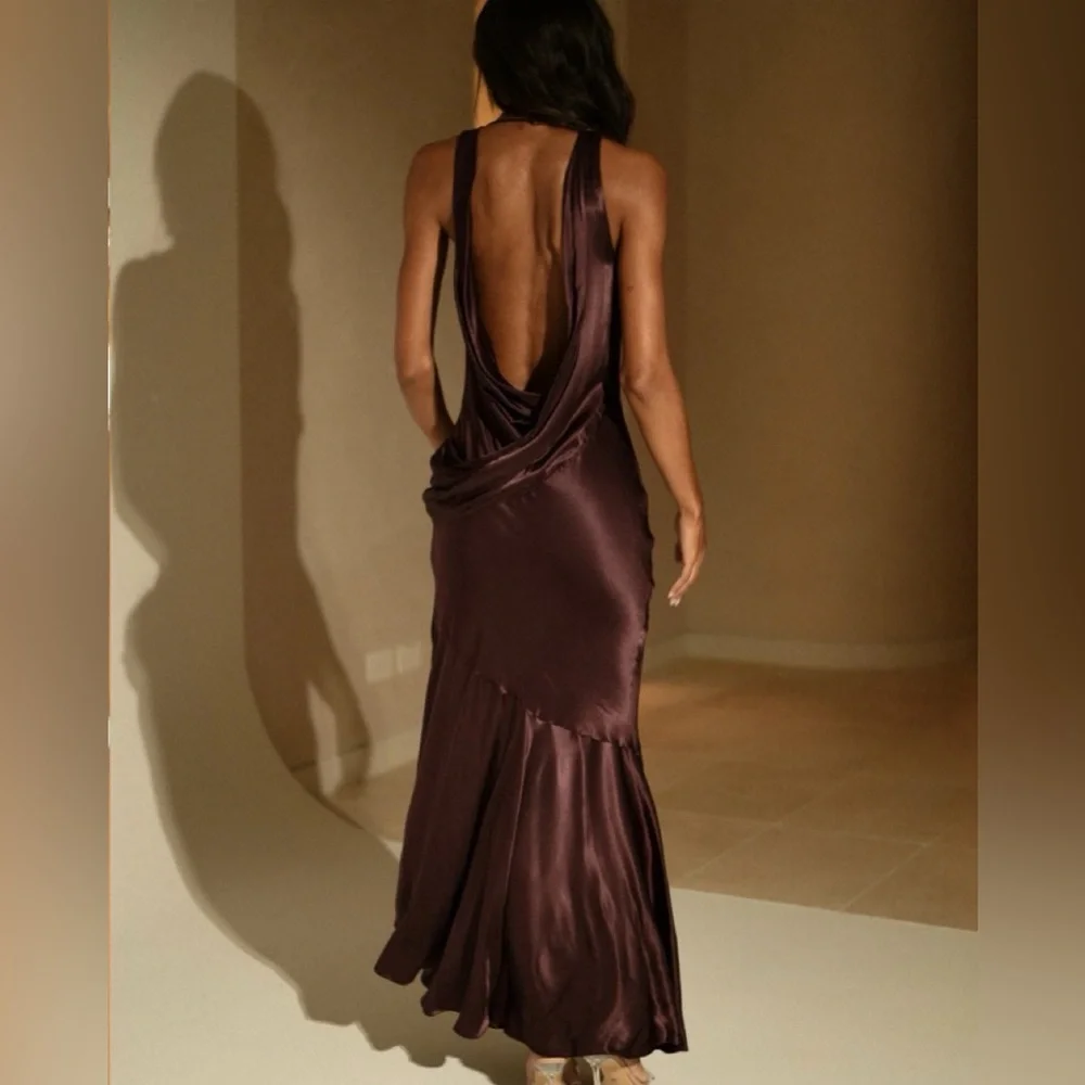 Meshki Ellison Satin Cowl Dress in Dark Chocolate Extra Small - Picture 3 of 6
